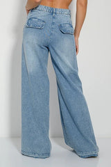 PINK WOMAN Wide leg denim jeans with washed effect - Smgarment's