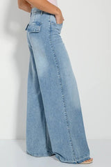 PINK WOMAN Wide leg denim jeans with washed effect - Smgarment's