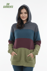 RED WOMENS COLORFULL SWEATER WITH HOOD - Smgarment's