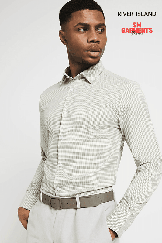 RIVER ISLAND Khaki Muscle Fit Geometric Smart Shirt - SMgarment's
