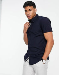 RIVER ISLAND MAISON RIVIERA NAVY SHORT SLEEVE OXFORD SHIRT - SMgarment's