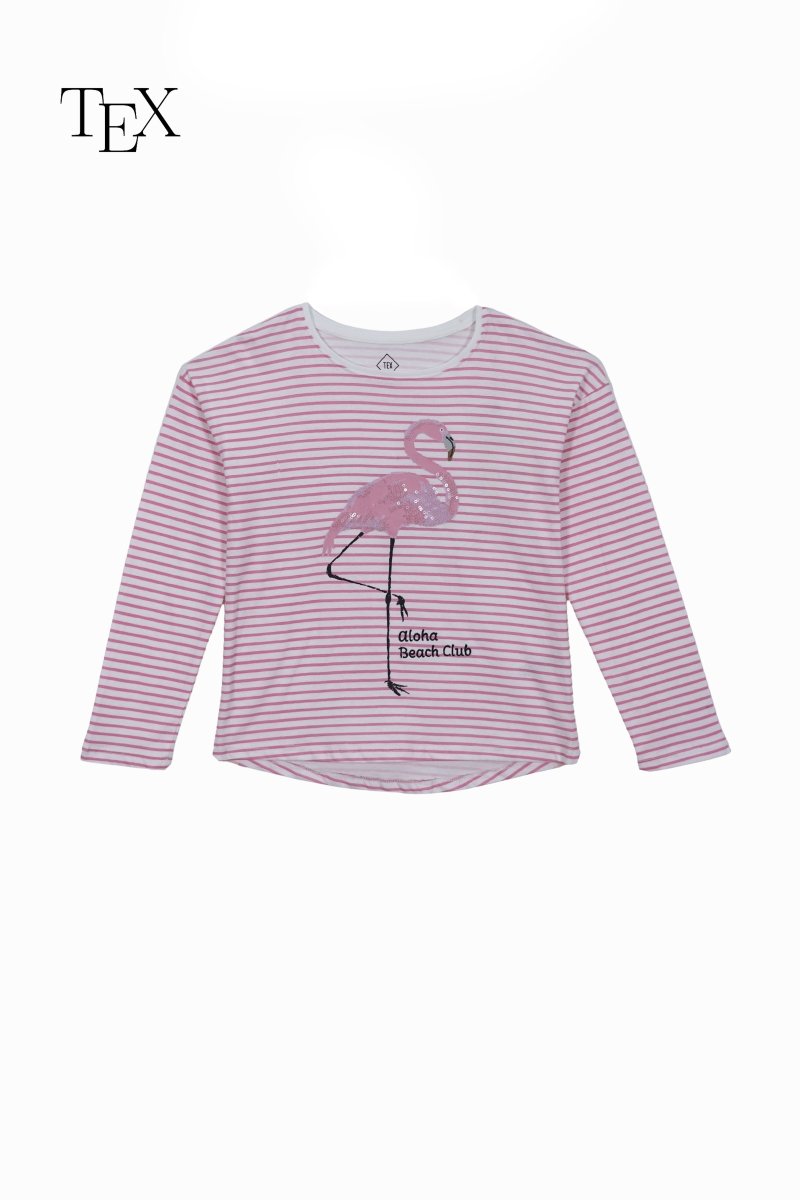 TEX BABY Girls Pink Striped Flamingo Long Sleeve T-Shirt - Smgarment's