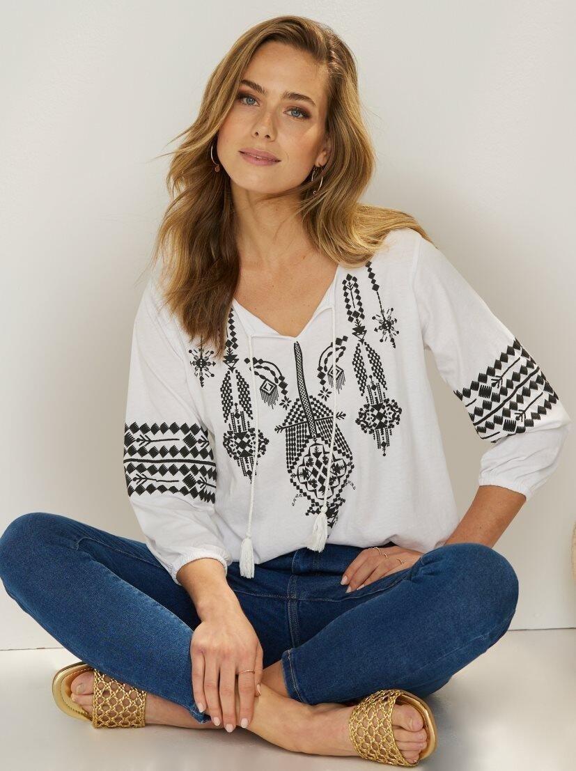 VENCA 3/4 SLEEVE T - SHIRT WITH EMBOSSED PRINT - SMgarment's