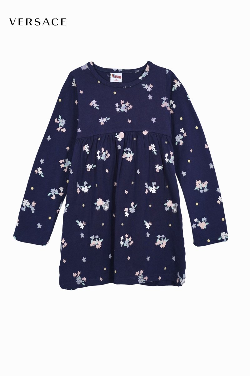 Versace Kids Girls Navy Floral Long Sleeve Dress - Smgarment's