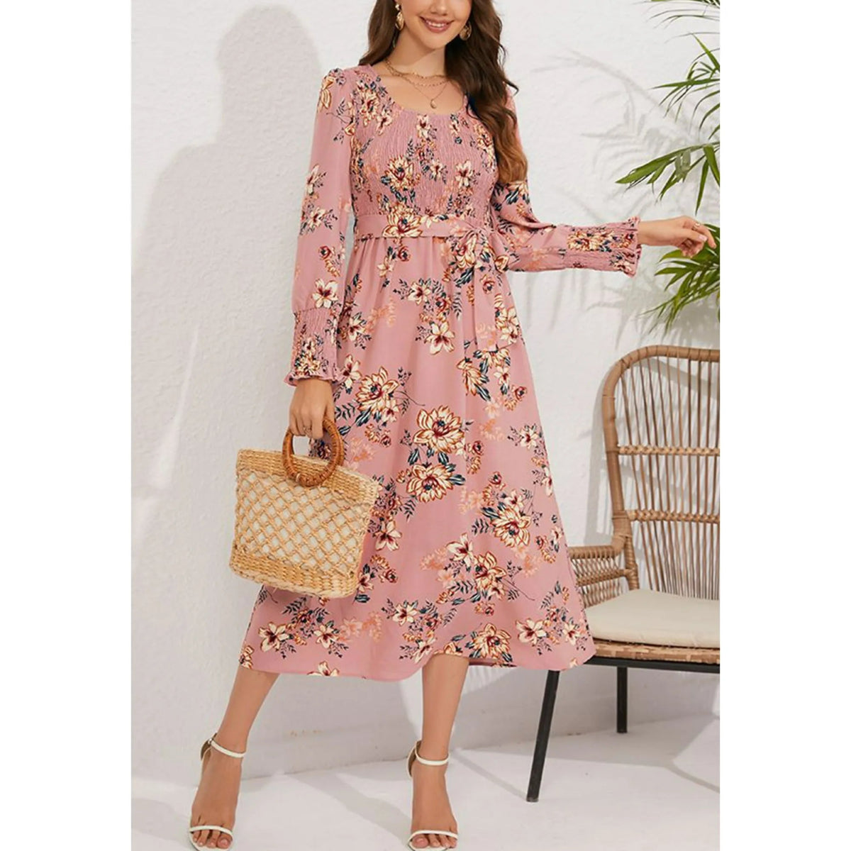 Vintage Floral Print Long Sleeve Dress - Smgarment's
