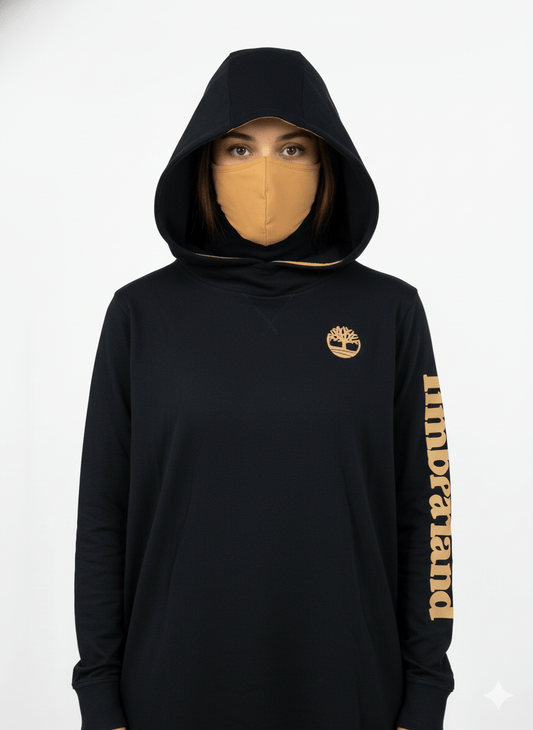 WOMENS BLACK CHEST AND SLEEVES PRINTED HOODIE WITH MASK - Smgarment's