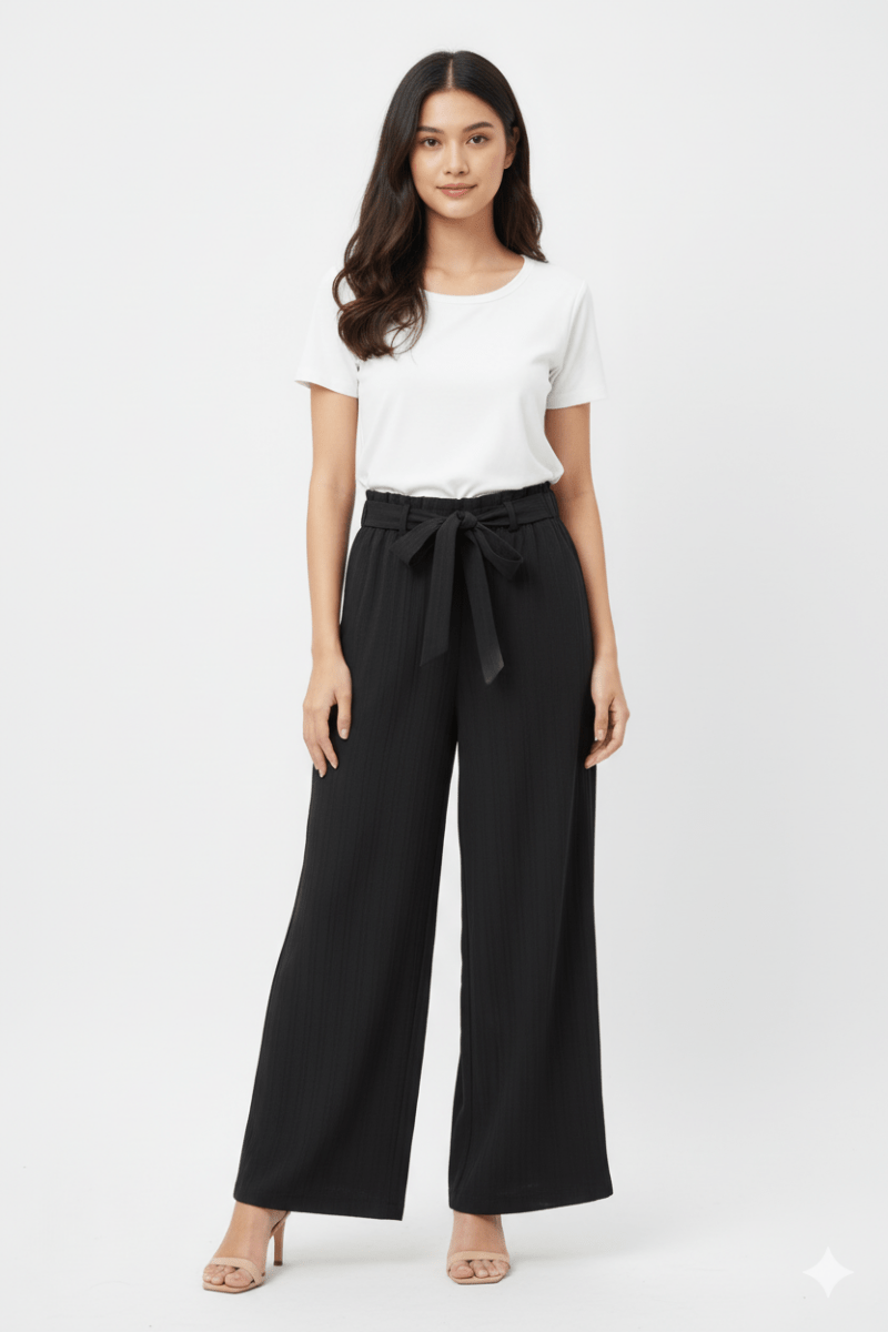 WOMENS Black High - Waist Wide - Leg Trouser with Tie Belt - Smgarment's