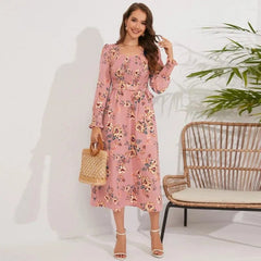 Women's Floral Long - Sleeve Dress with Belt - Smgarment's