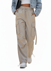 Women's Loose Fit Nylon Cargo Pant with Pocket Straps - Beige - Smgarment's