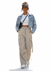 Women's Loose Fit Nylon Cargo Pant with Pocket Straps - Beige - Smgarment's