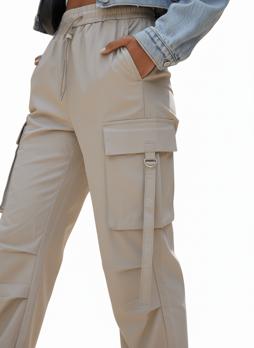 Women's Loose Fit Nylon Cargo Pant with Pocket Straps - Beige - Smgarment's