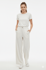 WOMENS Milky White Palazzo Pants with Detailed Waist - Smgarment's