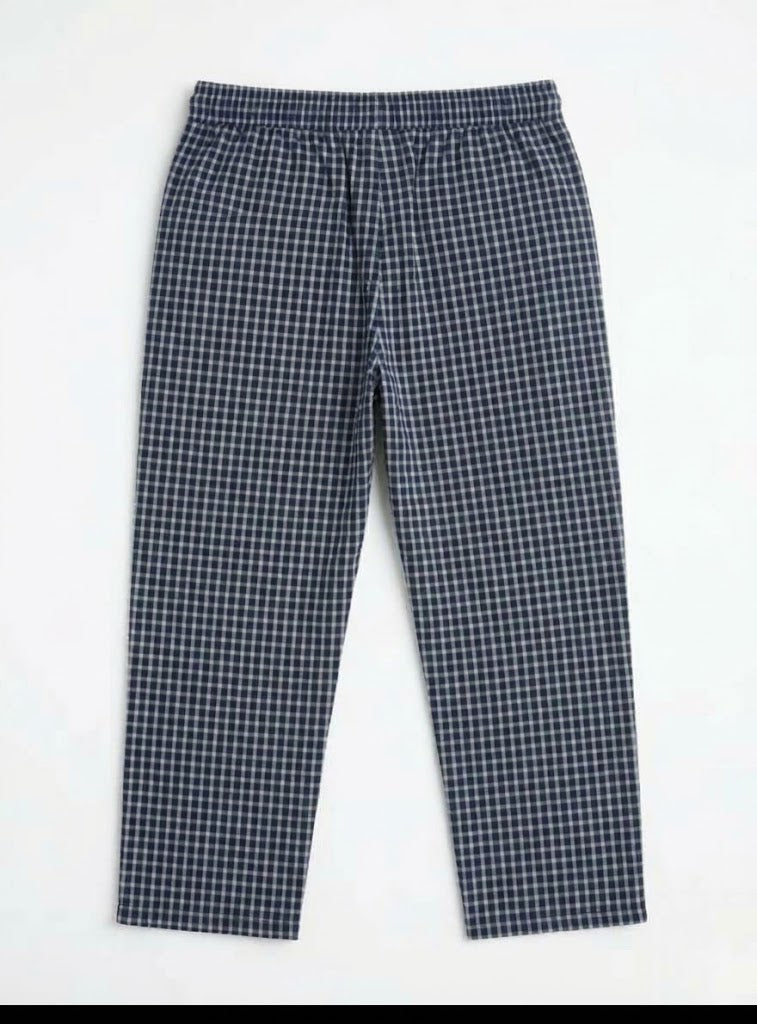 M&S Men's Dark Navy Checkered Casual Trousers with Elastic Waist