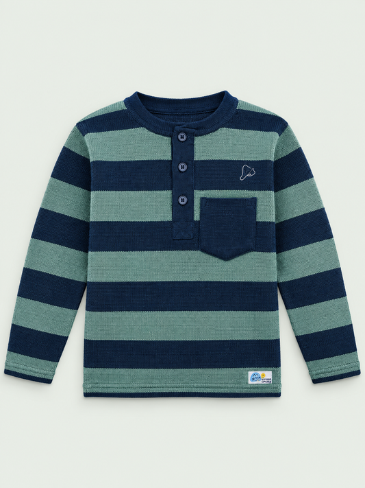 Boys' Casual Cotton Striped Henley Long-Sleeve Shirt – Navy & Green