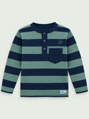 Boys' Casual Cotton Striped Henley Long-Sleeve Shirt – Navy & Green