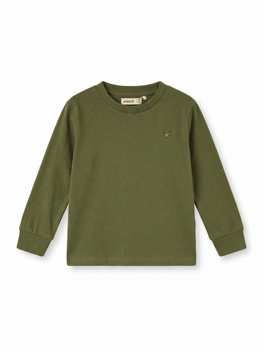 IMPORTED Boys' Long-Sleeve Olive Green T-Shirt – Small Embroidered Motif Crewneck