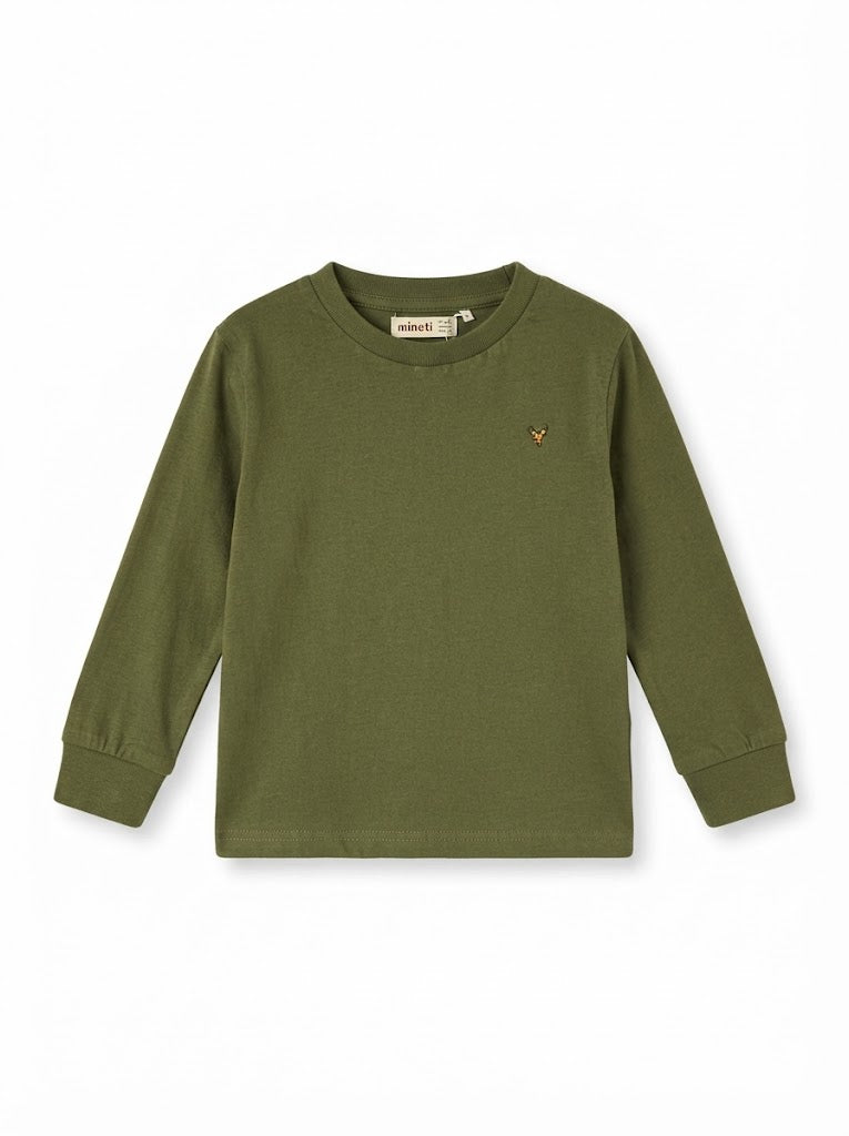 IMPORTED Boys' Long-Sleeve Olive Green T-Shirt – Small Embroidered Motif Crewneck