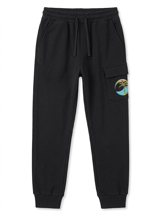 Boys BRANDED' Black Tropical Graphic Cargo Fleece Jogger Sweatpants| SM GARMENTS