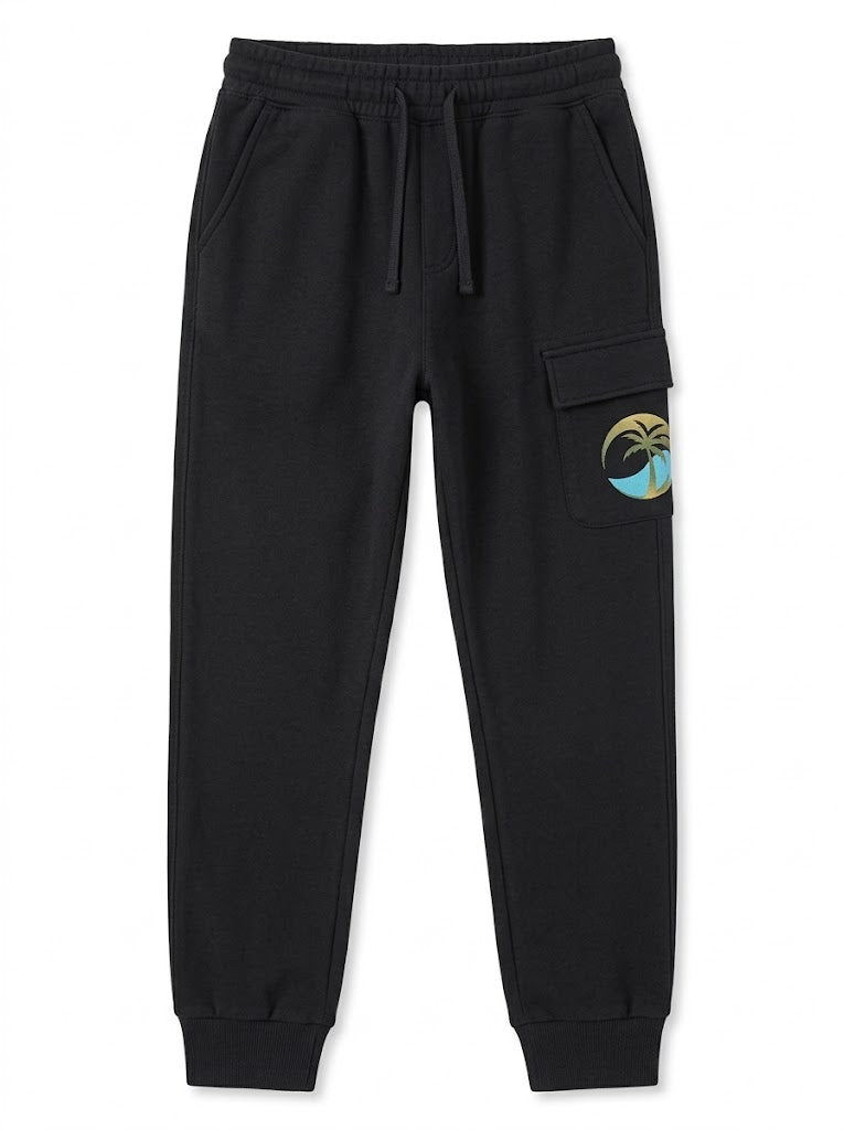 Boys BRANDED' Black Tropical Graphic Cargo Fleece Jogger Sweatpants| SM GARMENTS