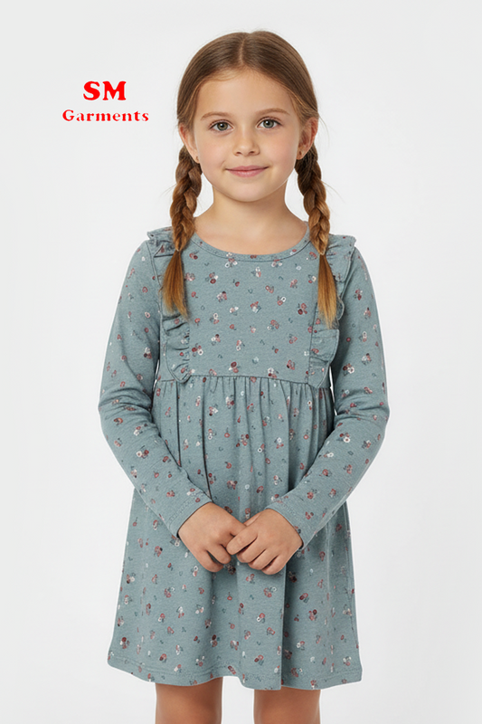 Mint Green Floral Frill Trimmed Jersey full sleeves Dress