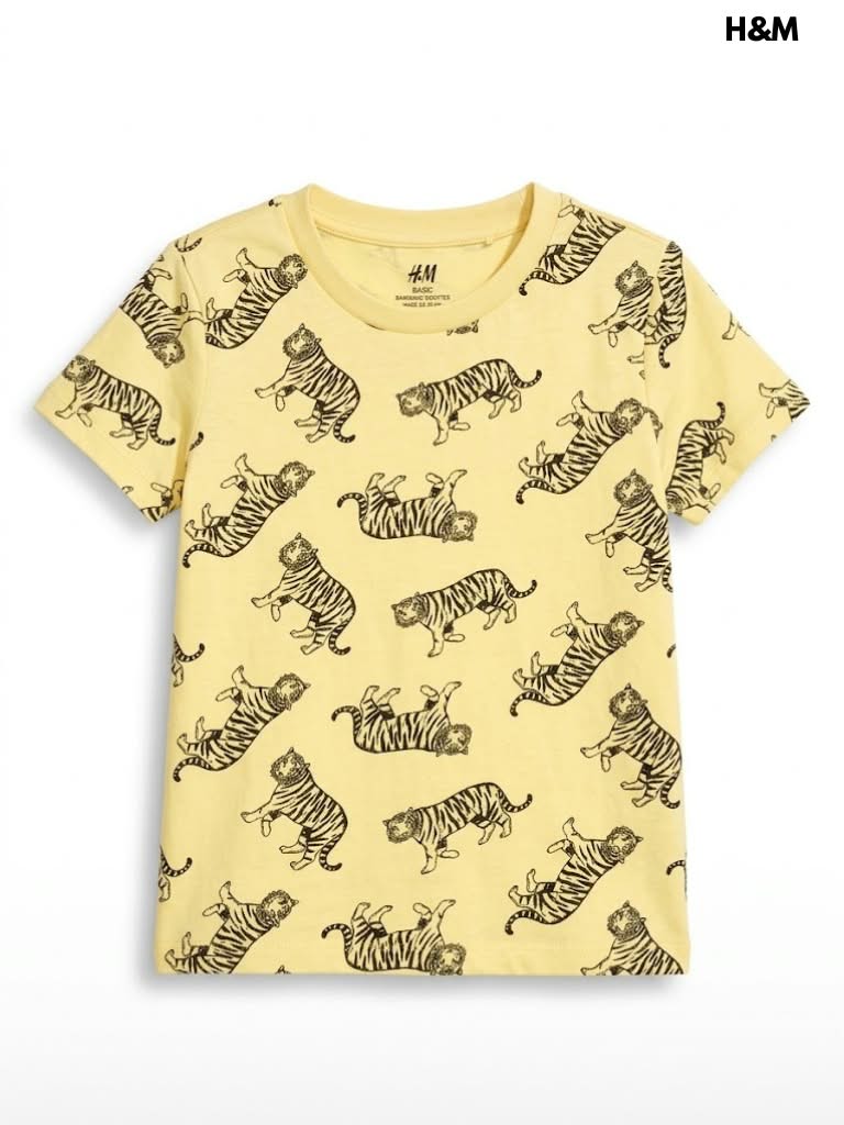 H&M Boys Pale Yellow Tiger All Over Print ShortSleeve Cotton T-Shirt