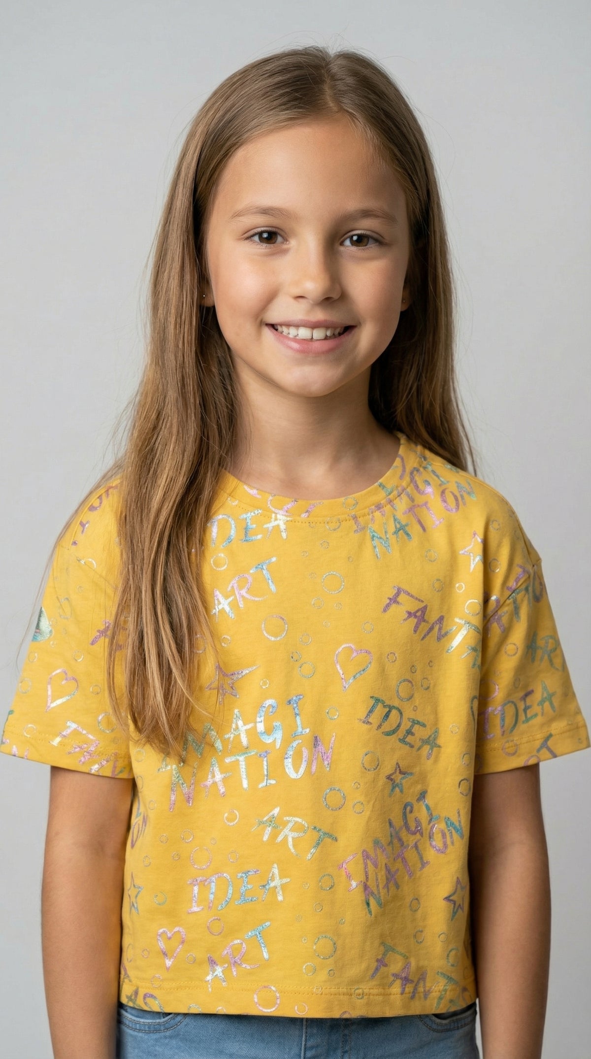 M&S Yellow Creative Words Tee - "ART IMAGINATION FANTASY IDEA" Metallic Graphic T-Shirt