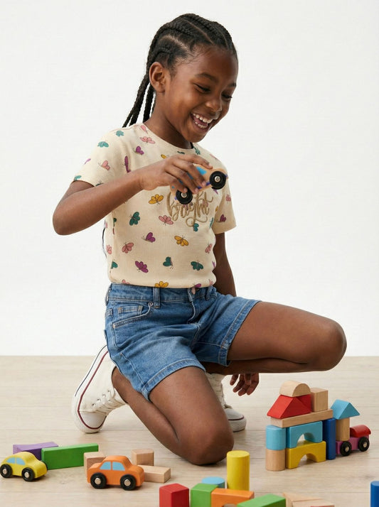 LC WAIKIKI Girls Colorfull Butterflies Printed Embroided Text Tee