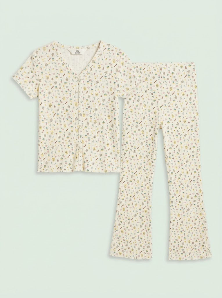HM Girls' 2-Piece Cream Dainty Floral Button-Front Top and Flare Pants Set| SM GARMENTS