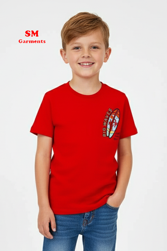 Boys’ Red “Big Waves” Surf Graphic T-Shirt – Hawaii Summer Vibes