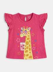 OBAIBI Girls' Magenta Giraffe Graphic Flutter-Sleeve T-Shirt| SM GARMENTS