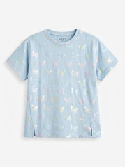 NXT Girls' Light Blue Holographic Butterfly Print Short-Sleeve T-Shirt| SM GARMENTS