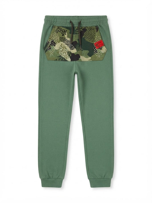 Boys' Casual Cotton Jogger Pants with Camo Pocket – Green