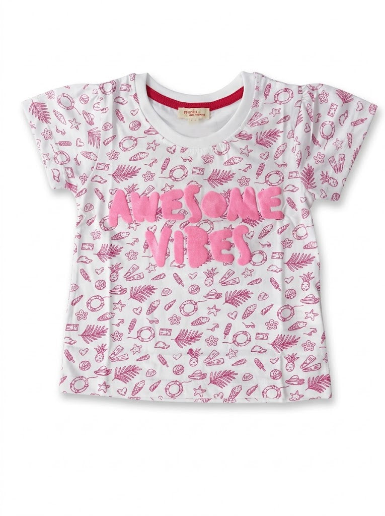 DUPARIEL Girls' White "Awesome Vibes" Graphic Short-Sleeve T-Shirt| SM GARMENTS