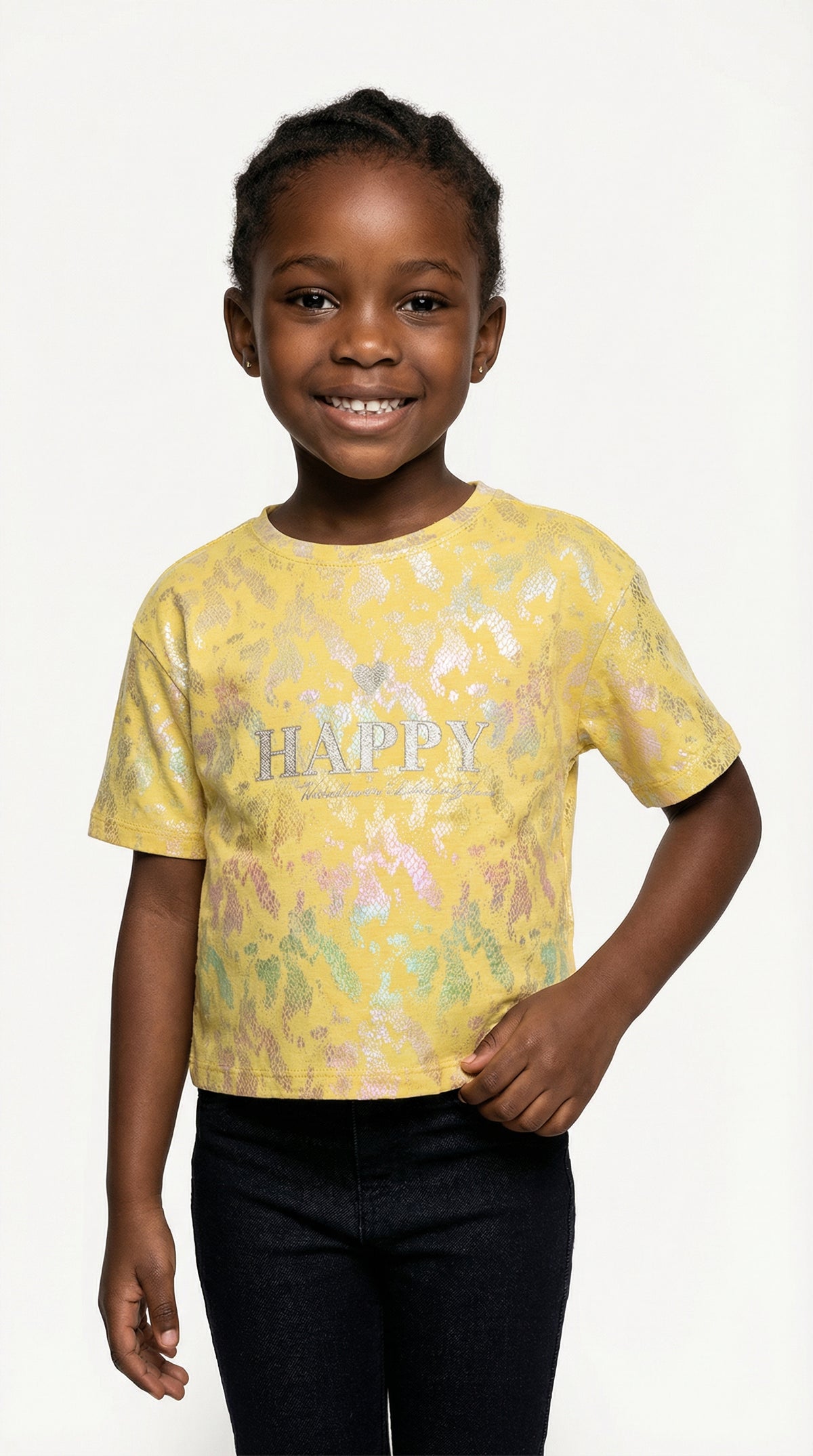 M&S Trendy Girls' Mustard Crop Top "HAPPY" Tee with Shimmer & Patterned Texture