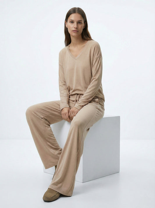OYSHO WOMEN BASIC V NECK T SHIRT AND WIDE LEG TROUSER SET