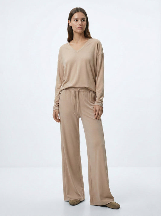 OYSHO WOMEN BASIC V NECK T SHIRT AND WIDE LEG TROUSER SET