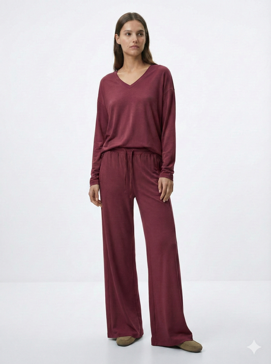 OYSHO WOMEN BASIC V NECK T SHIRT AND WIDE LEG TROUSER SET