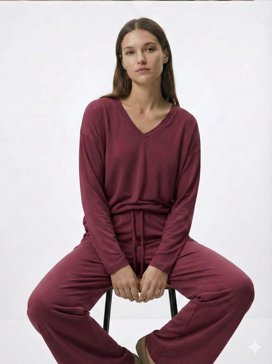 OYSHO WOMEN BASIC V NECK T SHIRT AND WIDE LEG TROUSER SET