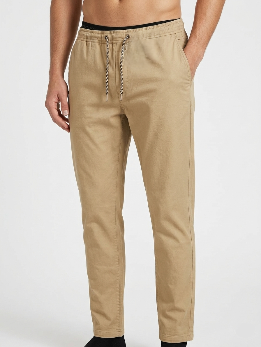 BRAND Men's Khaki Casual Trousers with Elastic Drawstring Waist