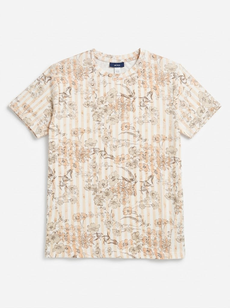 OKAIDI Girls' Neutral Striped Floral Print Short-Sleeve T-Shirt| SM GARMENTS