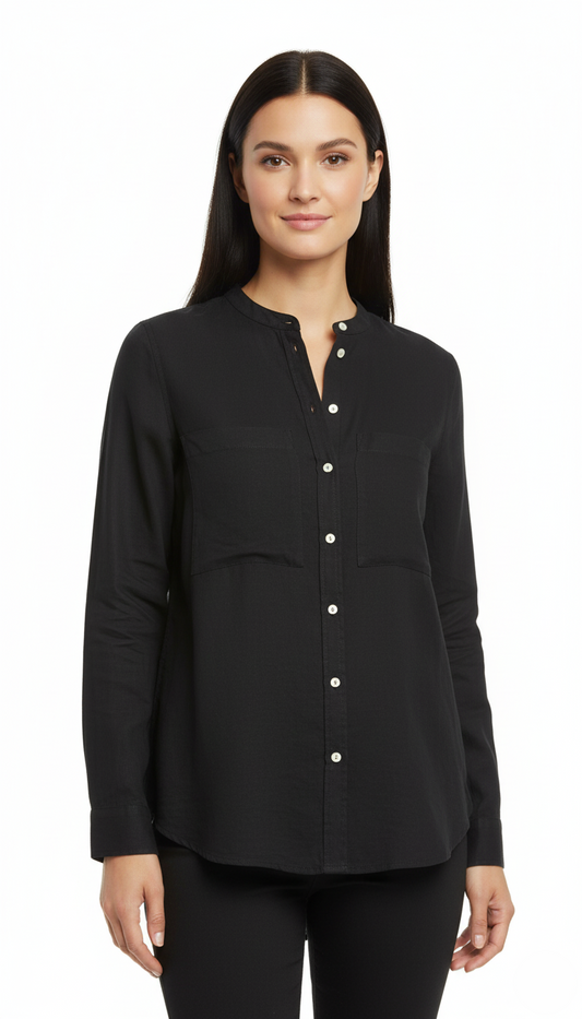 GINATRICOT WOMENS BLACK LINEN DOUBLE POCKET SHIRT