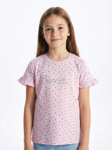 LC WAIKIKI Girls Floral Printed Embroided text Tee
