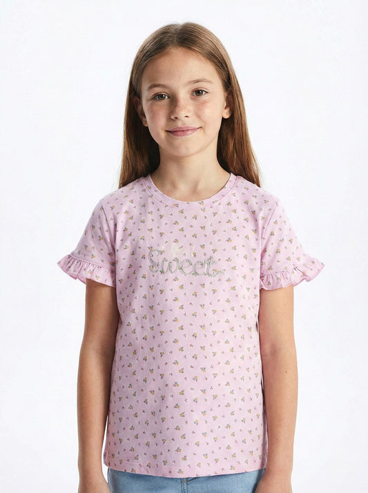 LC WAIKIKI Girls Floral Printed Embroided text Tee