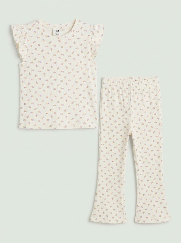 HM Girls' 2-Piece Cream Floral Flutter-Sleeve Top and Flare Pants Set| SM GARMENTS