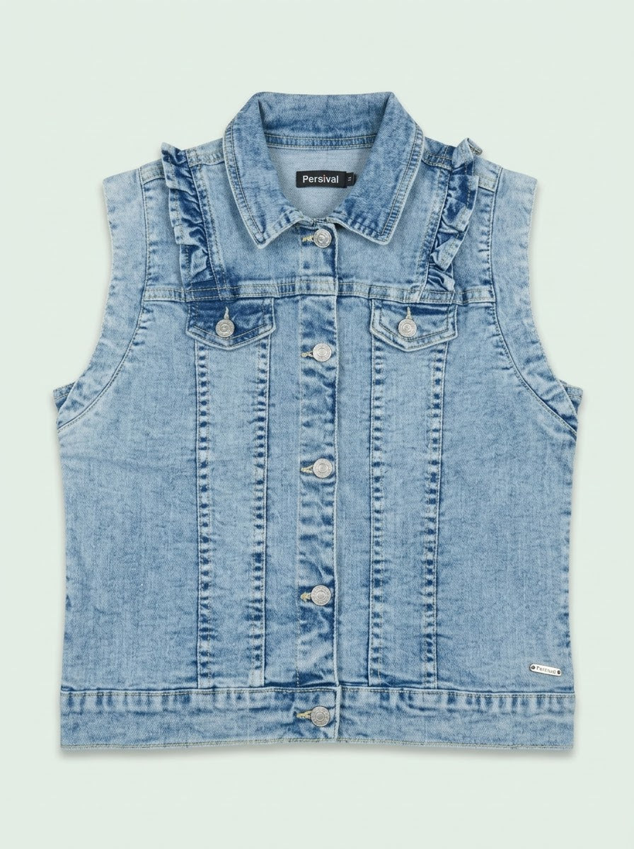 Girls BRANDED' Light Wash Ruffled Denim Vest with Button-Front