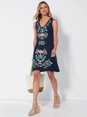 VENCA SLEEVELESS FLARED DRESS WITH EMBOSSED PRINT