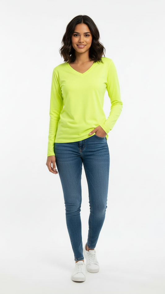 JANINA CURVED WOMENS V NECK BRIGHT GREEN NASIC SWEATSHIRT