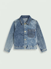 Women's BRANDED  Acid Wash Denim Jacket with Snap-Button Front