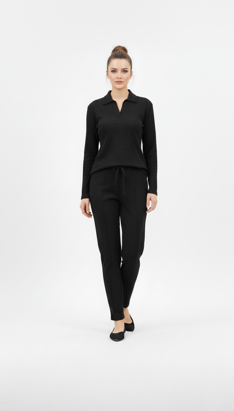 OYSHO WOMEN STRIPED TEXTURED COLLAR T SHIRT AND TROUSER SET