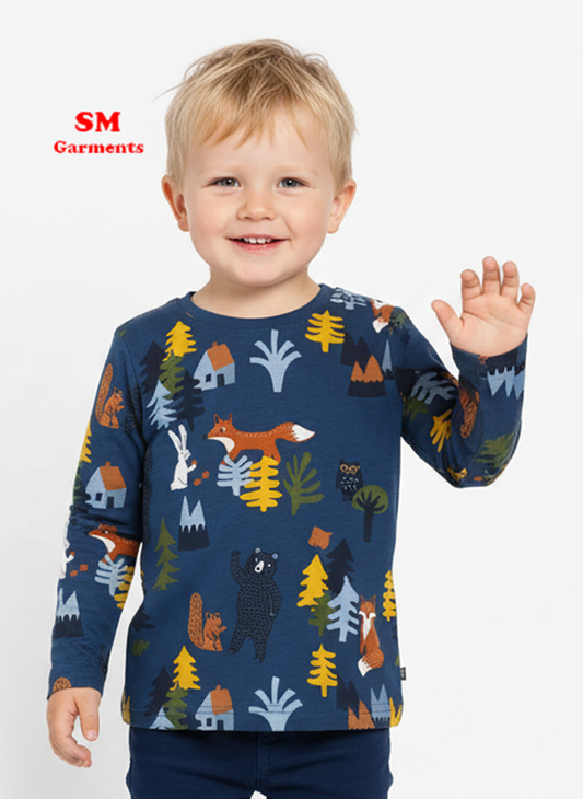 LINDEX Blue Top With Forest Animal Print Full Sleeves T-Shirts